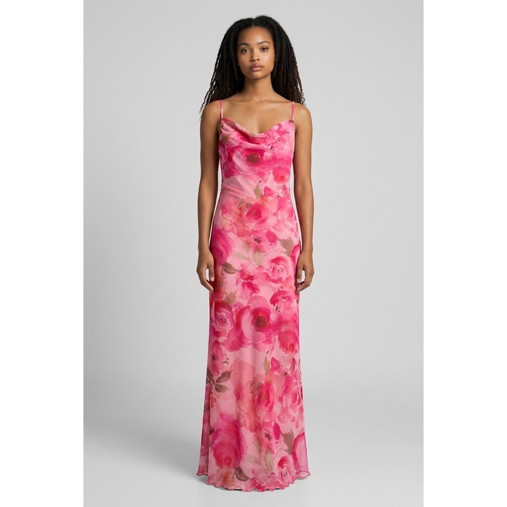 Floral Maxi Dress Women XS Pink Cowl Neck Mesh Slip Dress Wedding Summer